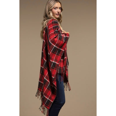 Red Black Plaid Blanket Ruana Knit Fall Winter Fringe Open Poncho Wrap