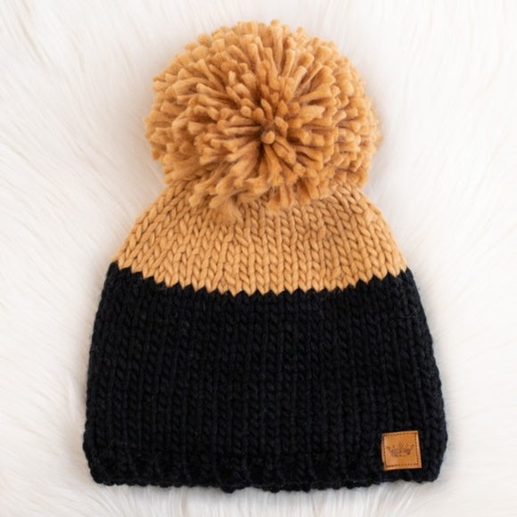 Black Camel Colorblock Knit Fleece Lined Pompom Women's Beanie Winter Hat