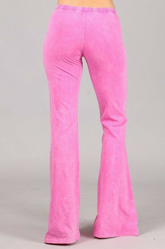 Bubble Gum Pink Boho Mineral Wash Flared Bell Bottom Stretch Pull On Pants Women