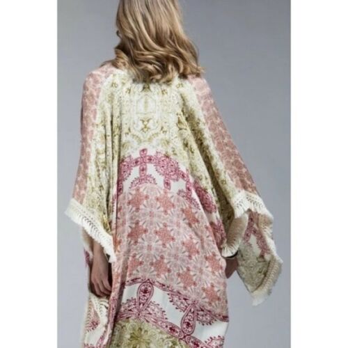 Rust Olive Tassel Boho Mandala Patchwork Kimono Open Wrap Cover Top Duster