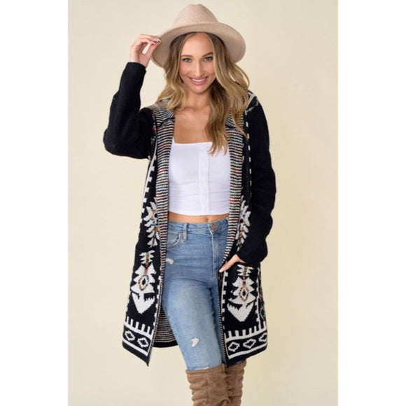 Black Aztec Rainbow Western Hooded Knit Cardigan Long Sleeve Open Sweater