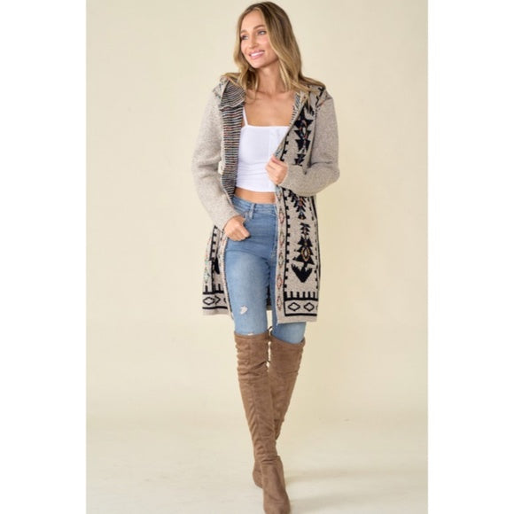 Oatmeal Aztec Rainbow Western Hooded Knit Cardigan Long Sleeve Open Sweater