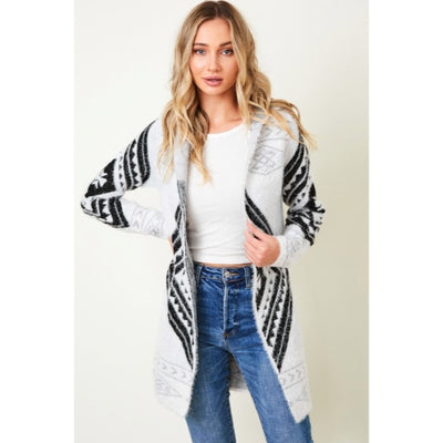 Fuzzy Soft Knit Hooded Long Sleeve Aztec Tribal Native Western Cardigan Sweater