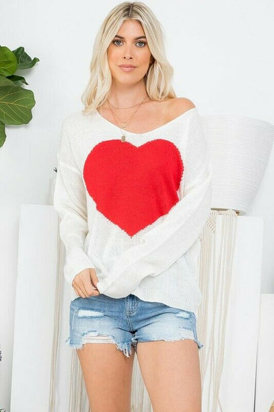 White Red Heart Knit V-Neck Valentines Day Long Sleeve Relaxed Sweater