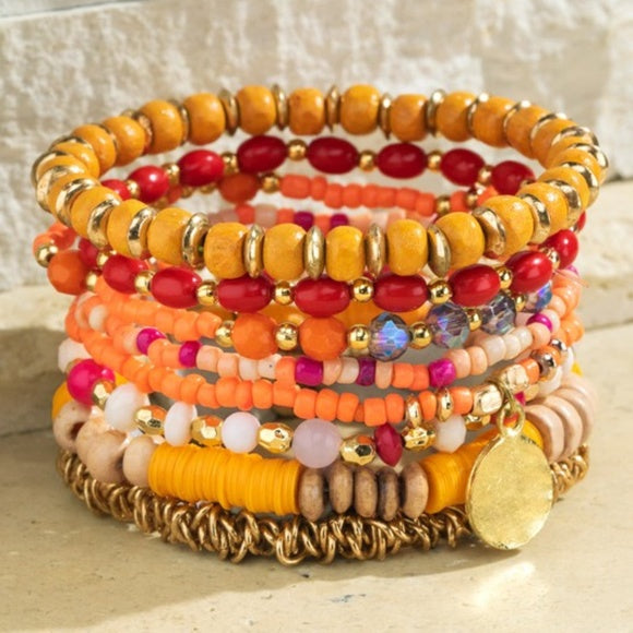 Mango Tango Boho Multi Stacked Mixed Bead Beaded Stretch Bracelet