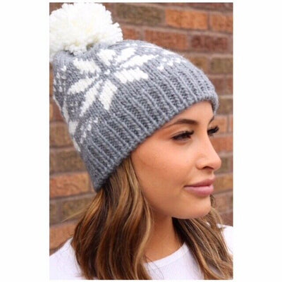 Gray Snowflake Fleece Lined Knit Pompom Beanie Winter Womens