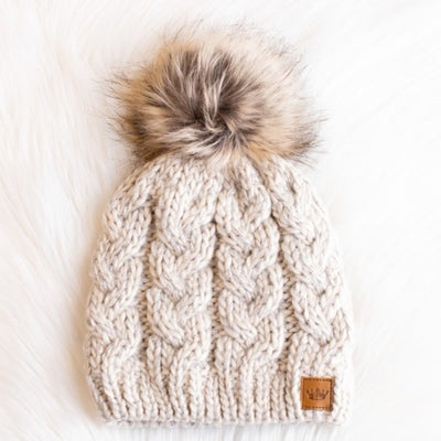 Tan Cable Knit Faux Fur Pompom Beanie Fleece Lined Women's Winter Hat