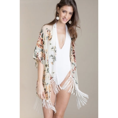 Maya Island Velvet Floral Macrame Tassel Fringe Kimono Cream Coverup Wrap