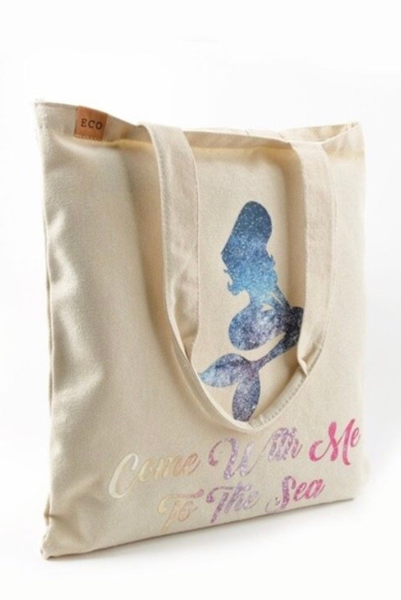 Come with me to the Sea Glittery Mermaid Natural Canvas Tote Shoulder Bag