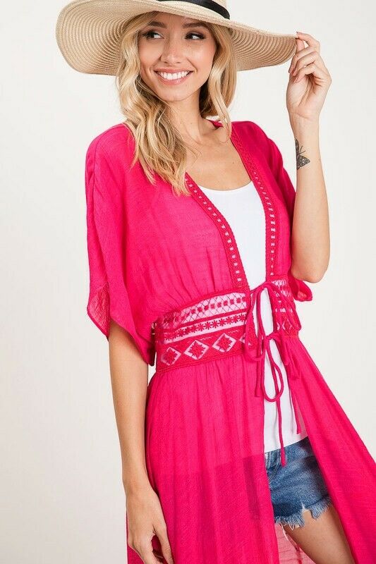 Fuchsia Crochet Boho Kimono Duster Short Sleeve Cardigan Wrap Womens