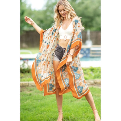 Navajo Ethnic Western Orange Turquoise Open Bohemian Coverup Kimono Wrap