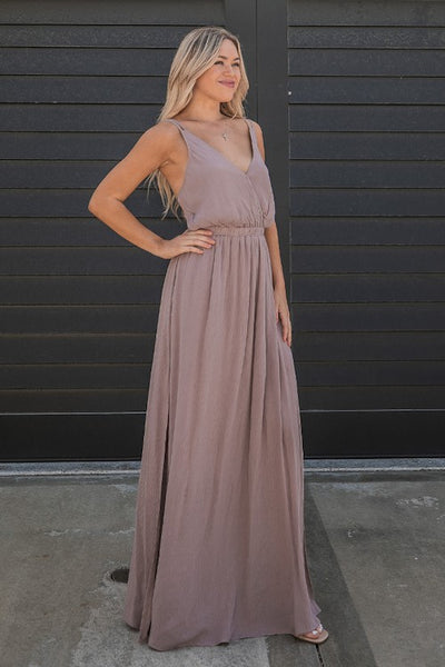 Mauve Solid Rayon Gauze Sleeveless Open Back Maxi Dress W/ Slit