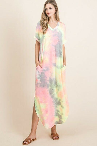 Neon Tie Dye Colorful V-Neck Maxi Long Casual Womens Short Sleeve Dress