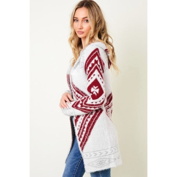 Wine Fuzzy Soft Knit Long Sleeve Aztec Tribal Native Western Cardigan Sweater