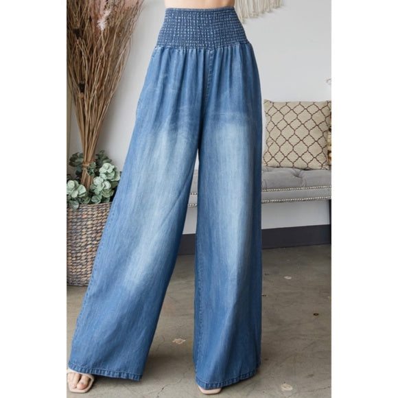 Denim Blue Washed Wide Palazzo Leg Tencel Casual Smocked High Waist Pants