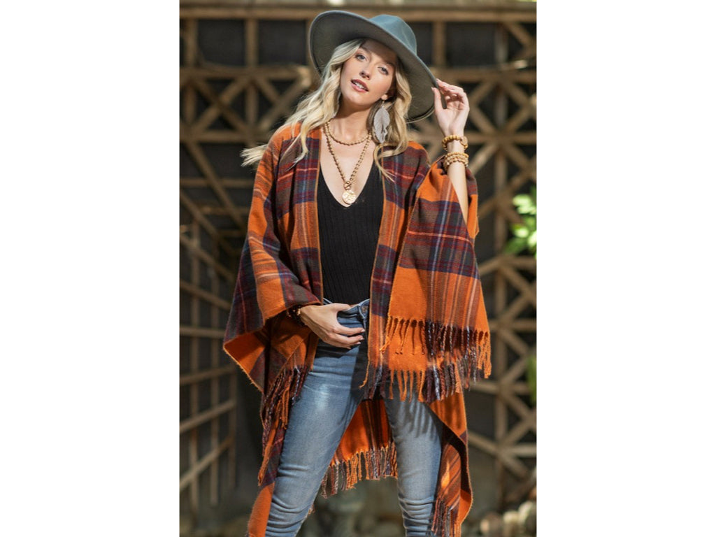 Amber Glow Plaid Fringe Accent Knit Fall Winter Ruana Wrap Open Poncho