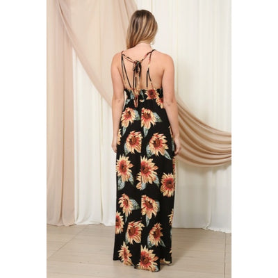 Black Sunflower Halter Double Strap Long Full Length Maxi Dress Spring Summer