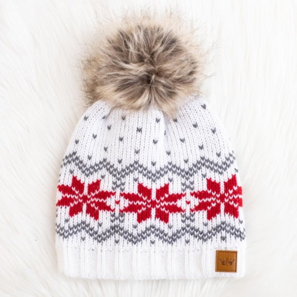 White Gray Red Snowflake Fleece Lined Knit Faux Fur Pompom Beanie Winter Womens Hat