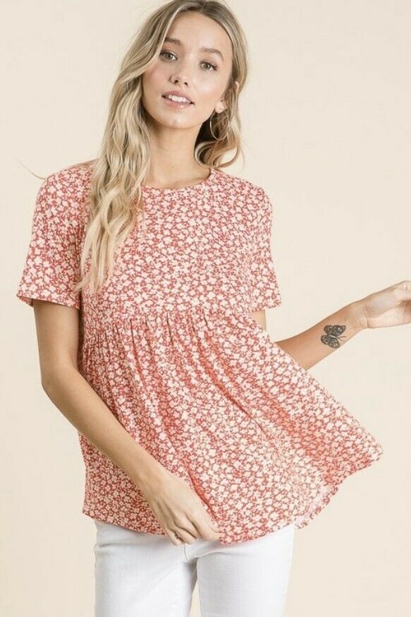 Ditsy Coral Floral Short Sleeve Babydoll Top Casual Womens