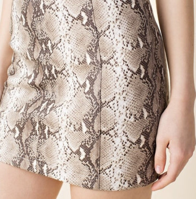 Taupe Nude Snake Animal Print Faux Leather High Waist Mini Skirt Womens