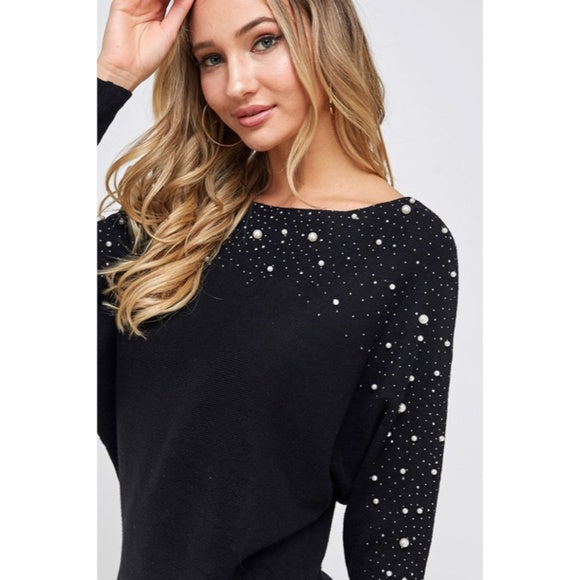 Black Pearl Accent Trim Knit Long Sleeve Pullover Holiday Women's Casual Sweater