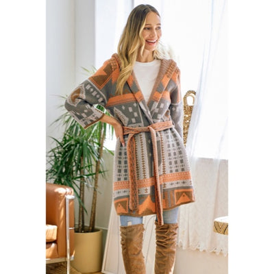 Gray Orange Aztec Tribal Hooded Knit Long Sleeve Cardigan Belted Sweater Women's