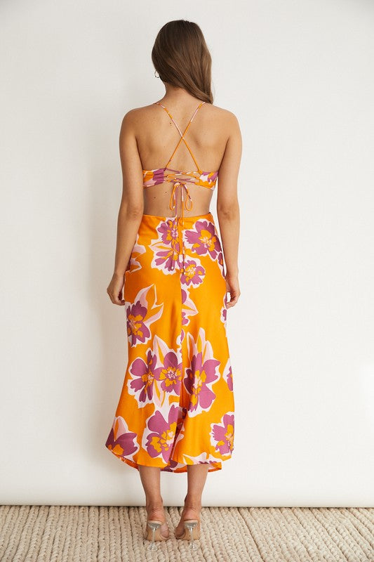 Orange Floral Cowl Cut Out Waist Open Back Midi Cocktail Dress