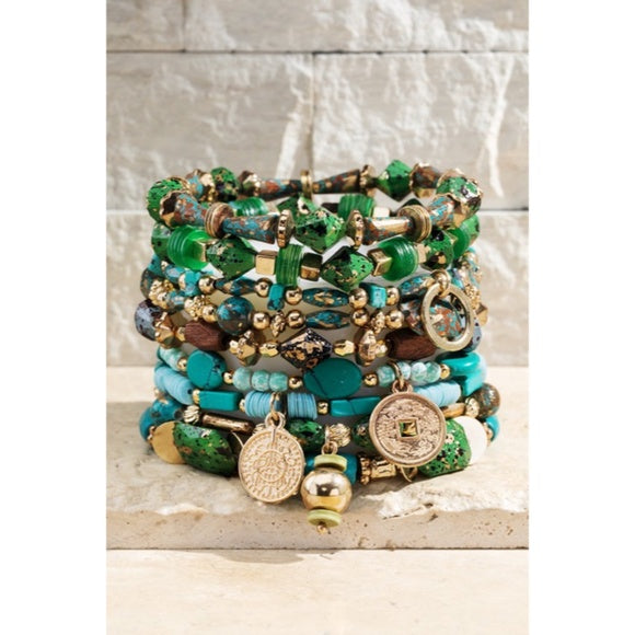 Green Hidden Valley Multi Layer Natural Stone Charm Boho Stretch Bracelet Set