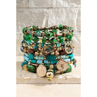 Green Hidden Valley Multi Layer Natural Stone Charm Boho Stretch Bracelet Set