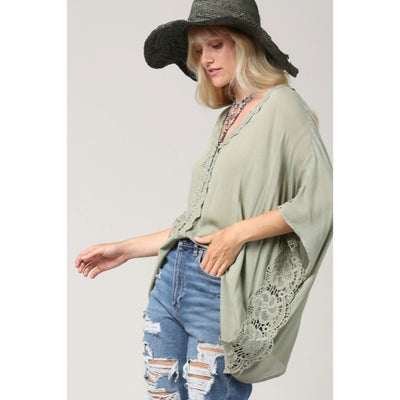 Olive Green Yoryu V-Neck Lace Trim Kimono Blouse Bohemian Casual Top Women's