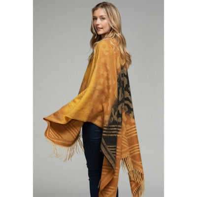 Tuscan Animal Print Color Block Knit Ruana Tassel Fall Winter Casual Wrap