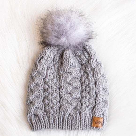 Light Gray Cable Knit Faux Fur Pompom Beanie Fleece Lined Women's Winter Hat