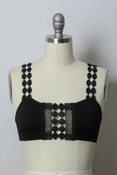 Black Boho Crochet Appliqué Padded Bralette Womens