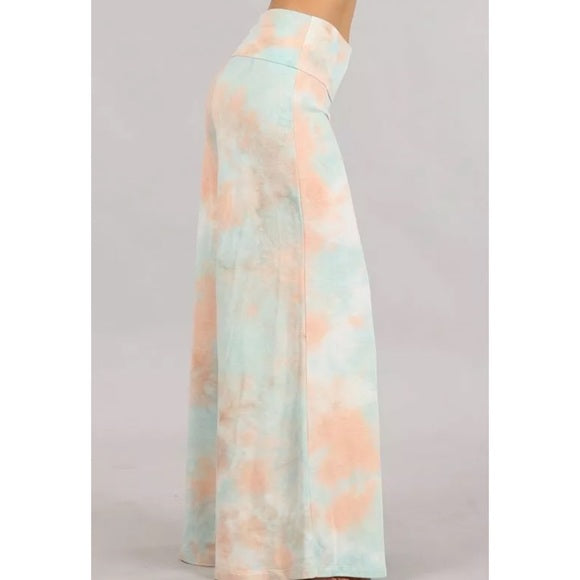 Peach Mint Tie Dye Wide Leg Palazzo Relaxed Fit Foldover Waist Lounge Pants