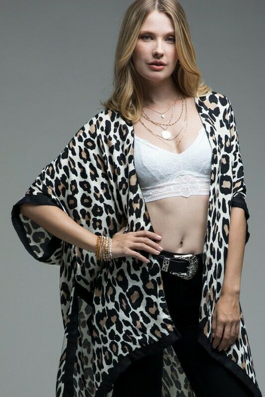 Beige Leopard Animal Print Black Border Kimono Wrap Womens One Size