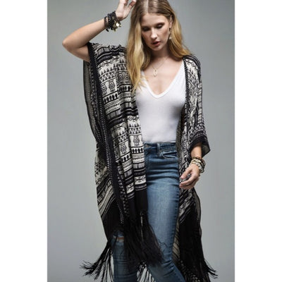 Black Ethnic Tribal Print Tassel Fringe Kimono Coverup Open Wrap Casual Women's