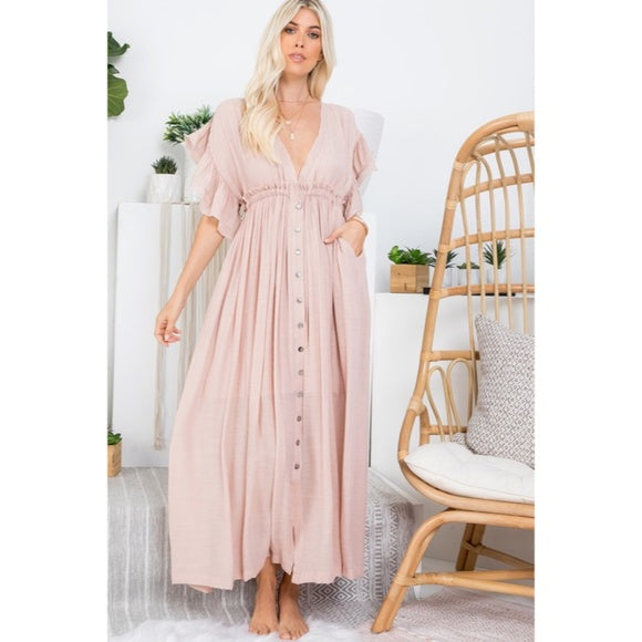 Nude Blush Gauze Boho Button Short Slv Deep V Woven Gathered Maxi Coverup Dress