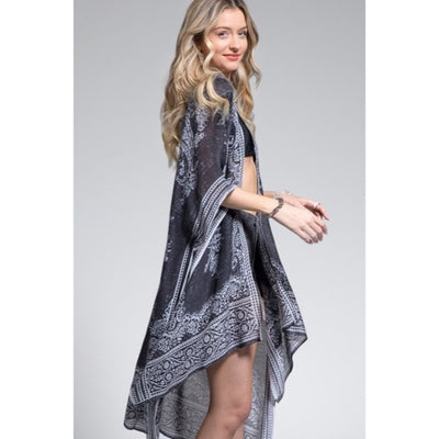 Earl Gray Bohemian Damask Paisley Printed Open Kimono Coverup Wrap