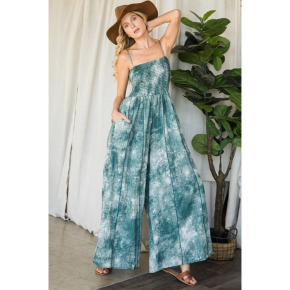 Green Tie Dye Wide Palazzo Flare Leg Smocked Bohemian Casual Jumpsuit w/ Pockets