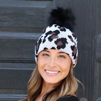 White Leopard Animal Print Fleece Lined Cable Knit Faux Fur Pompom Beanie Hat