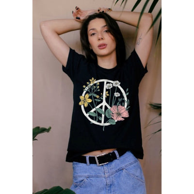 Black Boho Floral Peace Sign Graphic Oversized Womens Tee T-Shirt