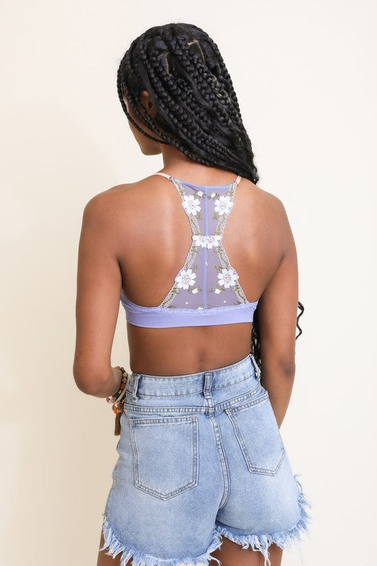 Pink Periwinkle Black Floral Lattice Bralette