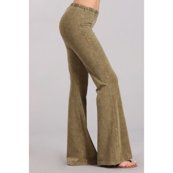 Light Olive Boho Mineral Wash Flared Bell Bottom Stretch Pull On Pants Womens