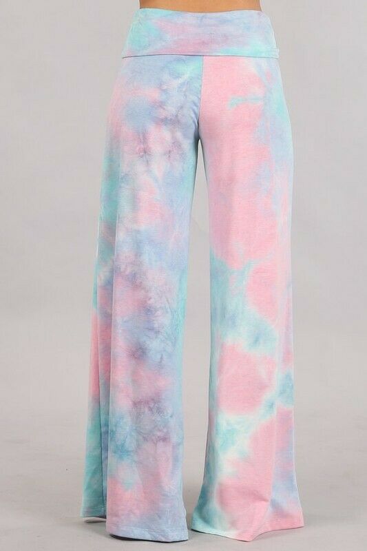 Aqua Pink Blue Tie Dye Wide Leg Palazzo Relaxed Fit Foldover Waist Lounge Pants