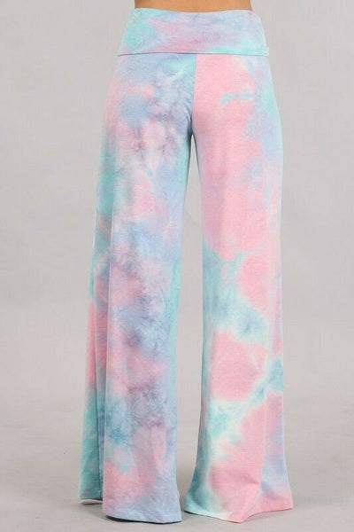 Aqua Pink Blue Tie Dye Wide Leg Palazzo Relaxed Fit Foldover Waist Lounge Pants