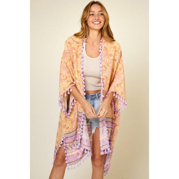 Lavender Paisley Printed Kimono Wrap Bohemian Cardigan w/ Tassels Fringe Womens