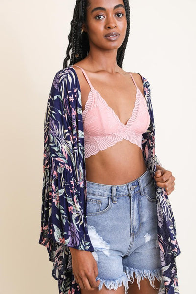 Navy Tropical Leaves Draped Sleeve Kimono Wrap Coverup Open Top