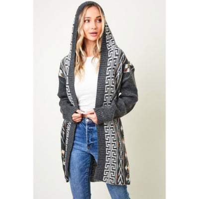 Charcoal Gray Native Cowichan Aztec Western Boho Hooded Cardigan Sweater Womens