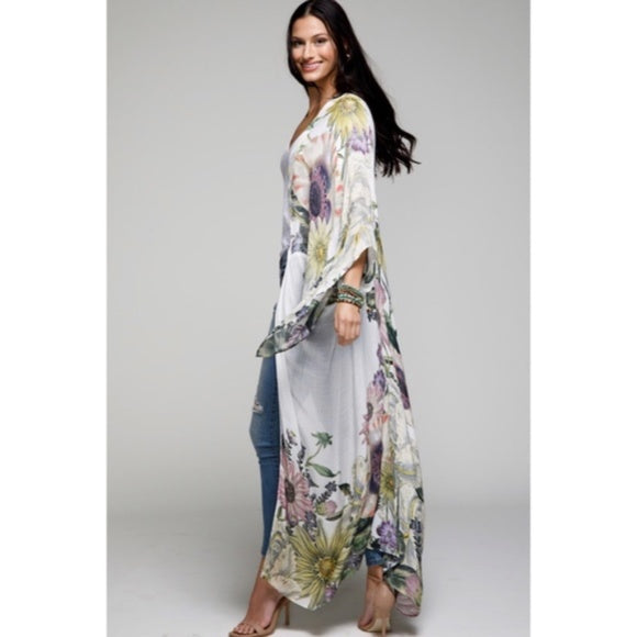 Aurelia Floral Motif Flower Sheer Kimono Long Maxi Open Duster Wrap Coverup