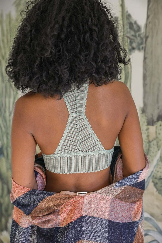 Sage Ribbed Lace Boho Racerback Triangle Bralette Womens